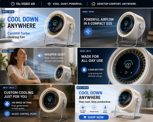 Coolhill Desktop Fan Turbo Table Fan Travel Vacation Essentials for Office 100-Speed Digital Display Low Noise Rechargeable Battery Dual Adjustment Modes Quiet Cooling Quiet Desk Fan Portable