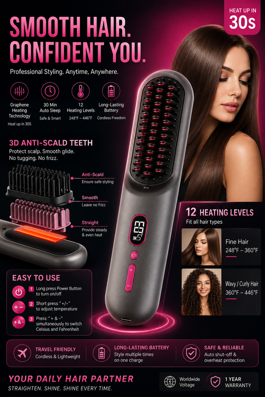 Cordless Negative Ion Hair Straightener Brush Rechargeable Mini Styling Comb with 12 Heating Levels Anti-scald 30S Preheating 30Mins Auto Sleep LCD Display